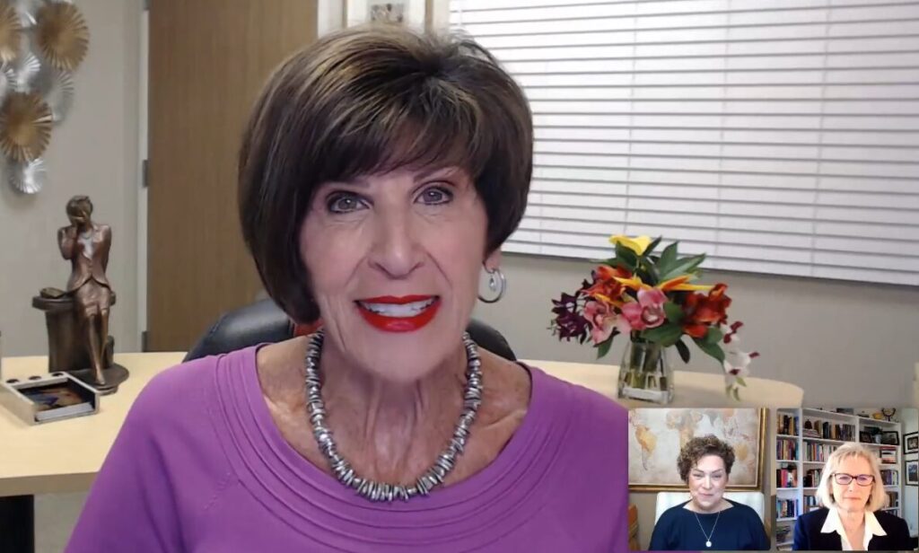 Screenshot from webinar called Accelerate Your Success: 10 Elite-Level Insights for Strategic Administrative Assistants, showing Joan Burge as main speaker with smaller images of Peggy Vasquez and Lisa Olsen in lower right corner